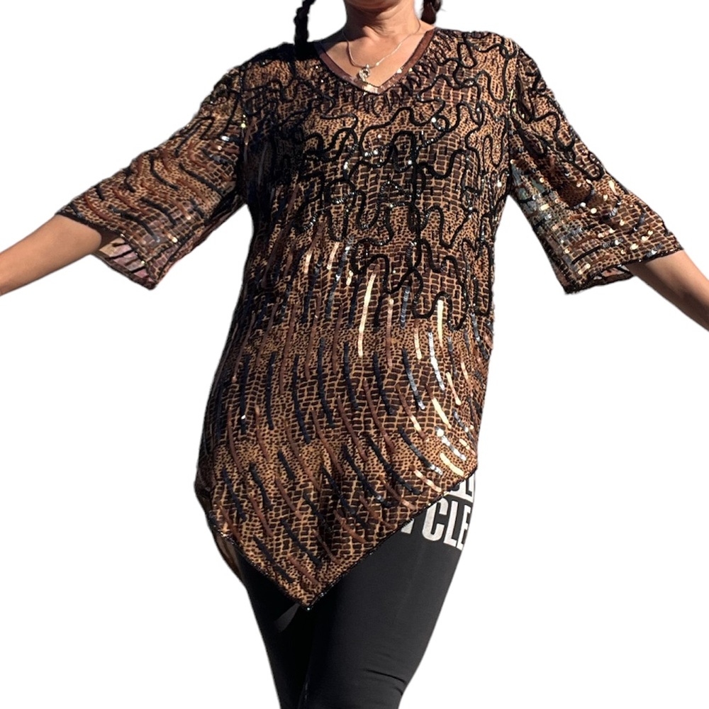 Brown Relaxed Beaded Top Sleeve V Neck Sequined Animal Print Vintage Blouse